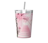 Tazza termica con cannuccia conica stampata a forma di scala rosa con fiori di ciliegio, perfetta per l'uso in palestra o da portare con te
