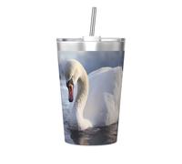Tazza termica con cannuccia conica stampata con cigno bianco che gioca nell'acqua, tazza termica con cannuccia, perfetta per l'uso in palestra o da portare con te