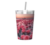 Tazza termica con cannuccia conica stampata con rose by the sea, perfetta per l'uso in palestra o da portare con te
