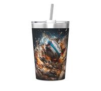 Tazza termica con cannuccia conica stampata Rugby on Fire, tazza termica con cannuccia, perfetta per l'uso in palestra o da portare con te
