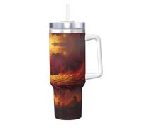 Tazza termica con cannuccia e manico con stampa di fenici fantasia, da 1184 ml, per bevande calde e fredde