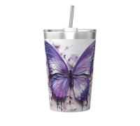 Tazza termica con paglia conica stampata con farfalla e pittura a olio viola, tazza di paglia isolata, perfetta per l'uso in palestra o da portare con te