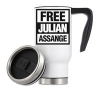 Tazza termica da viaggio con logo Julian Assange in bianco e nero con isolamento sottovuoto, 480 ml, colore bianco