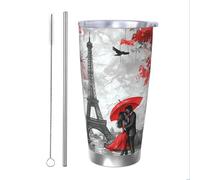 Tazza termica da viaggio con pittura a olio con cannuccia e coperchio, porta tazza termica per auto, Torre Eiffel, da 590 ml, in acciaio inox, per bevande calde e fredde