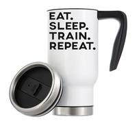Tazza termica da viaggio con scritta "Eat Sleep Train Repeat Repeat", 480 ml, colore: bianco