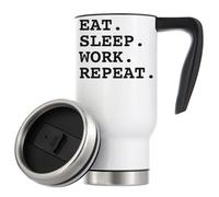Tazza termica da viaggio con scritta "Eat Sleep Work Repeat" e isolamento sottovuoto, 480 ml, colore: bianco