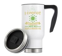 Tazza termica da viaggio con scritta "I can't write alone I Write with People Around me", isolamento sottovuoto, 480 ml, colore: bianco