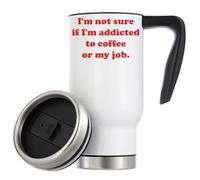 Tazza termica da viaggio con scritta "I'm not sure if I'm Addicted to Coffee or My Job", 480 ml, colore: bianco