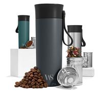 Tazza termica da viaggio termos caffè con tracolla e infusore per tè | 360ml thermos isolato | acciaio inox senza BPA, a doppia parete, chiusura sottovuoto | tazzina da tè & caffè riutilizzabile