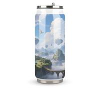Tazza termica in acciaio inox con coperchio e cannuccia, con stampa di isola nel cielo, adatta per l'uso in auto, viaggi, fitness, attività all'aperto, bar, uffici, casa, ecc