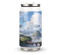 Tazza termica in acciaio inox con coperchio e cannuccia, con stampa di isola nel cielo, adatta per l'uso in auto, viaggi, fitness, attività all'aperto, bar, uffici, casa, ecc
