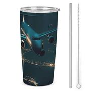 Tazza termica in acciaio inox con coperchio e cannuccia, da 590 ml, motivo: aereo che vola di notte, per caffè, tè e bevande