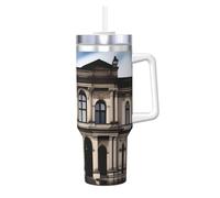 Tazza termica in acciaio inox con stampa di Ice Bully aOld Architecture, con manico e cannuccia, perfetta per viaggi e sport
