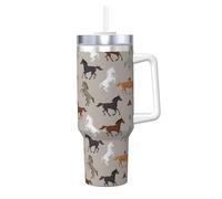 Tazza termica in acciaio inox con stampa di un simpatico cavallo con manico e cannuccia, ideale per viaggi e sport, 1,18 l