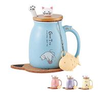 Tazze carine,tazze kawaii a forma di gatto,regali blu per donne,regalo di Natale,tazza da caffè in ceramica azzurra,tazza da tè con infusore e coperchio,cucchiaio,sottobicchiere,con decorazioni blu