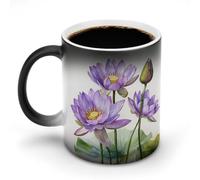 Tazze che cambiano colore con fiori di loto viola ad e foglie verdi, tazza da caffè in ceramica che cambia colore con il calore, tazza da tè originale, tazza da acqua divertente per casa e ufficio, 11