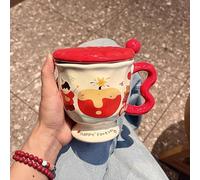Tazze da Caffè da Viaggio Riutilizzabili con Coperchio, Tazza in Ceramica Monostrato con Cucchiaio, Tazze Termiche per Uomini e Donne, Grazioso Motivo a Mela, Tazza One Piece(Red)
