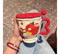 Tazze da Caffè da Viaggio Riutilizzabili con Coperchio, Tazza in Ceramica Monostrato con Cucchiaio, Tazze Termiche per Uomini e Donne, Grazioso Motivo a Mela, Tazza One Piece(Yellow)