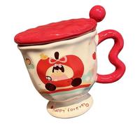 Tazze da Caffè da Viaggio Riutilizzabili con Coperchio, Tazza in Ceramica Monostrato con Cucchiaio, Tazze Termiche per Uomini e Donne, Grazioso Motivo a Mela, Tazza One Piece(Beige)