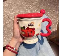 Tazze da Caffè da Viaggio Riutilizzabili con Coperchio, Tazza in Ceramica Monostrato con Cucchiaio, Tazze Termiche per Uomini e Donne, Grazioso Motivo a Mela, Tazza One Piece(Pink)