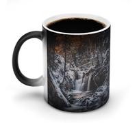 Tazze da caffè divertenti con cascata, brina, inverno, boschi e montagne,