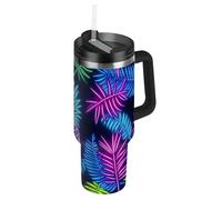Tazze da caffè estive con foglie di ananas fluo sottovuoto, a bocca larga, isolate sottovuoto, coperchio a prova di perdite e cannuccia, tazza da caffè extra large decorativa per scuola, sport, asilo