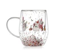 Tazze da caffè in vetro a doppia parete, a tema natalizio, tazze da caffè in vetro soffiato a mano trasparente con manico, per cappuccino, latte, caffè, tè, bevande calde e fredde (Christmas C, 1pcs)