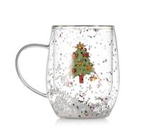 Tazze da caffè in vetro a doppia parete, a tema natalizio, tazze da caffè in vetro soffiato a mano trasparente con manico, per cappuccino, latte, caffè, tè, bevande calde e fredde (Christmas D, 1pcs)