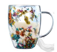 Tazze da caffè - Tazza in vetro a doppia parete Floral Fusion | Tazze da caffè con manico | Tazze di vetro anti-scottature | Tazza di caffè in vetro Tazza di caffè Fiore secco selezionato | Tazza da