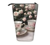Tazze da tè con rose romantiche stampe shabby telescopiche portamatite / Stand Up Cancelleria Bag / Makeup Bag / Storage Case, Nero , Taglia unica