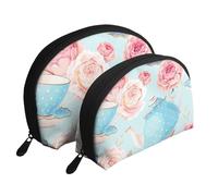 Tazze da teiera vintage con rose e fiori, Borsa per trucco a conchiglia Portamonete da donna Borsa da toilette piccola Borsa per cosmetici 2 pezzi