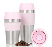 Tazze da viaggio Moon 360° - Tazza da caffè riutilizzabile a prova di perdite per bevande calde - Tazza termica in acciaio inox, datta ai portabicchieri dell'auto (450 ml, metallo riciclato/rosa)