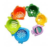 Tazze impilabili per bagnetto a forma di pesce a 6 strati per l'apprendimento precoce, riconoscimento di colori e dimensioni, giocattolo per giochi d'acqua per vasca da bagno per bambini piccoli