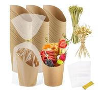 Tazze per antipasti per feste, porta patatine fritte,Tazze per patatine fritte in carta con bastoncini, sacchetti | 50 tazze + 50 sacchetti + 200 stuzzicadenti, bicchieri di carta per snac