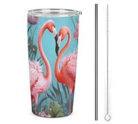 Tazze per auto con fenicottero e fiori d'amore con cannuccia isolate in acciaio inox, tazze da caffè in metallo a tenuta stagna, con coperchio, bottiglie d'acqua di grande capacità, regalo per donne e
