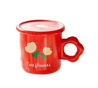Tazze, Tazza da caffè, Tazza da caffè con coperchio e cucchiaio, motivo floreale, in ceramica, da 11 once, for coppia, compleanno, for donne, ragazze, bambini, amanti delle mucche, rosso-330 ml(Red)