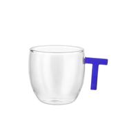 Tazzina caffè lettera T blu in vetro borosilicato, 150 ml