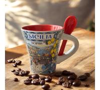 TAZZINA SICILIA, DA CAFFE’ IN CERAMICA C/CUCCHIAINO, DECORATA, TAZZINA SOUVENIR, C/DECORO STAMPE “SICILIA”, 7CM-H, CAPACITA’ 70 ML.