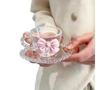 Tazzine Caffè,Tazze Caffè Gres Set di tazze da caffè trasparenti con fiocco rosa, decorazione for ragazza, tazza da acqua in vetro, piatto da dessert, tè pomeridiano, tazza da colazione con avena