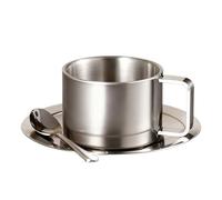 Tazzine da caffè in metallo, set di tazze isolate a doppia parete da 200 ml, tazze da caffè in acciaio inossidabile con cucchiaio e piattini, con design a ritenzione del calore per bevande calde e fre