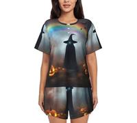 TBABMDPDM Rainbow Halloween Ghost Witch Hat Spiders Stampa Womens Pigiama Set 2 Pezzi Manica Corta Top e Pantaloncini Sleepwear, Nero, XL