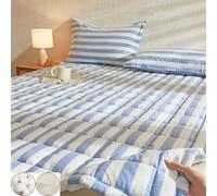 TBATM Materasso Pieghevole in Cotone per Camera da Letto Tatami con 4 Elastici, Copriletto Trapuntato Singolo Doppio King Size A Righe Semplici, Leggero per Tutte Le Stagioni,Blue c,135x200cm