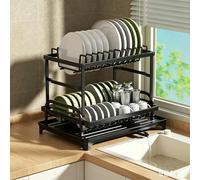 TBATM Portapiatti Asciugapiatti 2 Livelli Grande capacità, Scaffale per Stoviglie, Organizzatore da Cucina con Porta Utensili, Salvaspazio con Portaposate,Nero,Standard Edition
