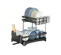 TBATM Scolapiatti a Due Ripiani, Portapiatti in Metallo con Portaposate, Ganci per Tazze e Alloggio Tagliere per Organizzazione Cucina su Piano di Lavoro,Nero,B