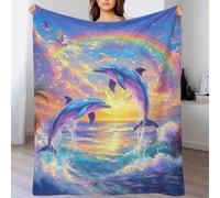 TBDUEPS Coperta carina con delfini che saltano, arcobaleno e tramonto, soffice e soffice, per il migliore amico, per divano, per amante, marito, moglie, donne, uomini, 100 x 130 cm.