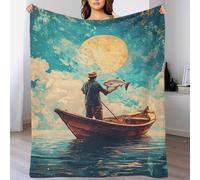 TBDUEPS Coperta soffice con motivo a pescatore sotto la luna gigante per bambini, facile da pulire, enorme coperta per il letto, regalo per la sua amica, mamma, nonna, moglie, 150x200 cm