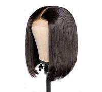 TBEONE Parrucche corte a caschetto con chiusura in pizzo, capelli umani brasiliani neri naturali, con riga centrale frontale, capelli veri dall'aspetto naturale (parrucca + retina)