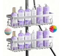 Tbintul 2 Pezzi Mensola per Doccia Senza Foratura, Antiruggine, Grande Dimensione e Capacità, per Asta Doccia da 18 mm a 25 mm, Organizer Doccia per Shampoo Sapone Bagnoschiuma, Argento