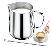 Tbintul Brocca per latte in acciaio inox da 350 ml/12 oz con matita decorativa e scala, caraffa per latte Barista, ideale per espresso, cappuccino, latte, argento