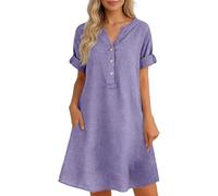 TBloevwlh Abito estivo in lino da donna, lunghezza al ginocchio, in cotone e lino, leggero e traspirante, con scollo a V, a maniche corte, stile casual